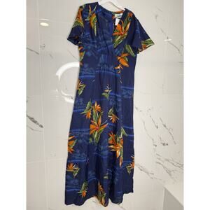 Vintage Penny’s Hawaii Blue Floral Print Sleeveless Midi Dress 70’s Sz 12 beach